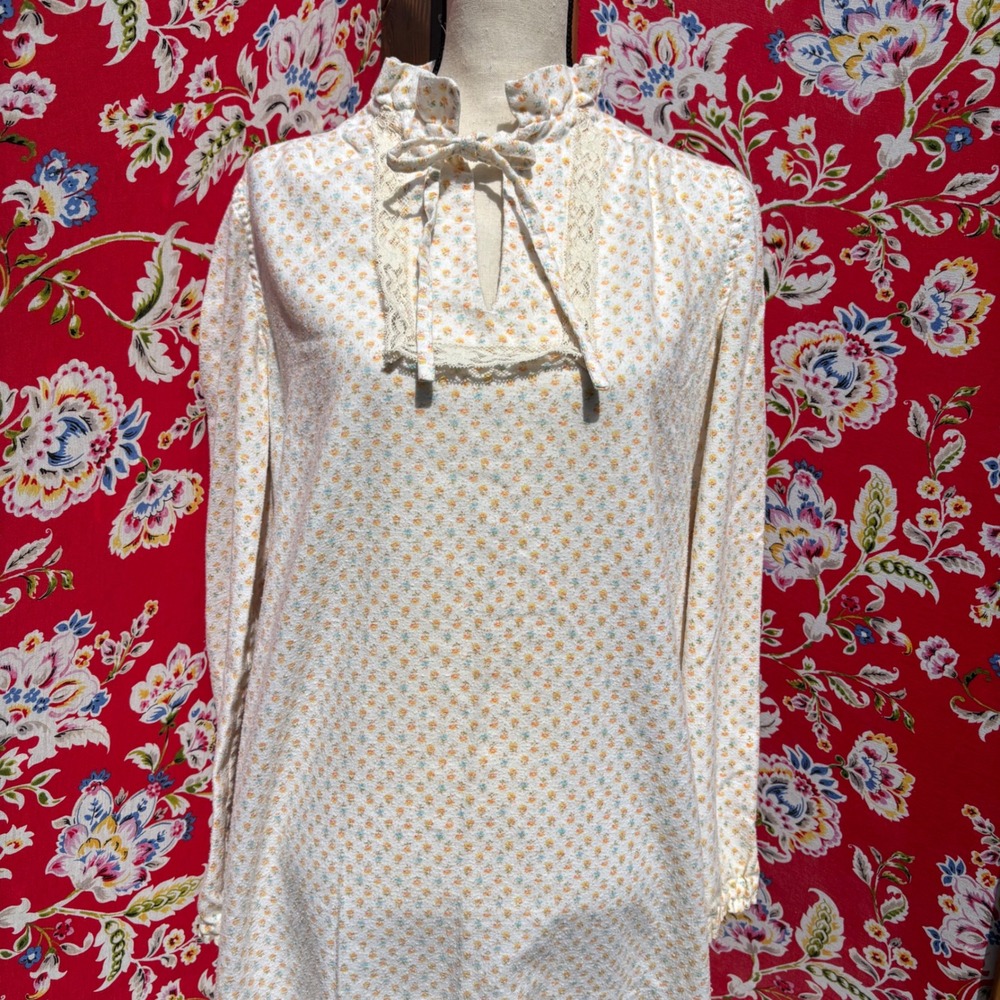 Vintage Long Sleeve‎ Ruffle Lace Collar Prairie Maxi Dress Night Gown Size S-M